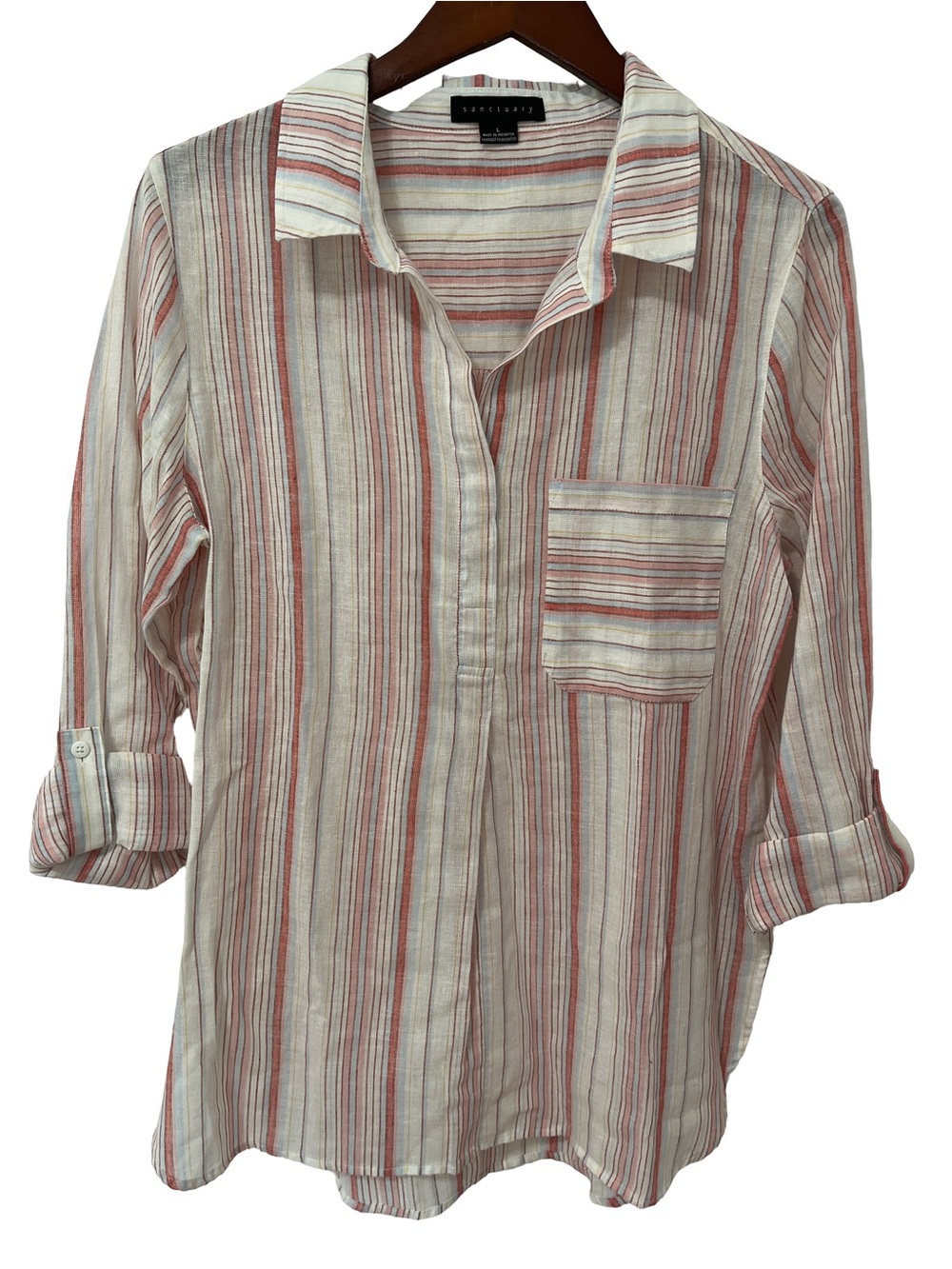 Sanctuary Women’s Large Striped Cotton Linen 1/2 Button Long Sleeve Top